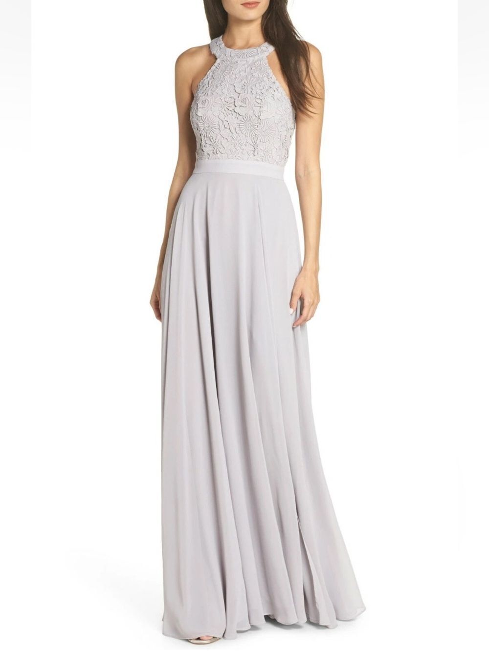 Lulus Picture Perfect Lace Halter Maxi Dress NWT Size Small Light Gray Chiffon